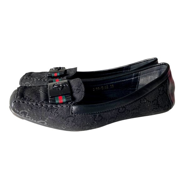Gucci Black Canvas Leather Loafers Bow with Bees Women's Sz 39 Designer Luxury - Picture 3 of 13